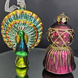 Glass Peacock And Bell Shaped Christmas Ornaments 5 To 6 Inches Gorgeous!
